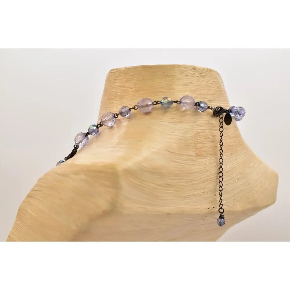 2028 Vintage Necklace Crystal Beaded Collar Purple Gunmetal Signed 1990s BinBD
